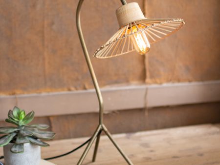 Antique Brass Finish Table Lamp With Rattan Umbrella Shade For Discount