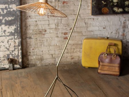 Antique Brass Finish Floor Lamp With Rattan Umbrella Shade Discount