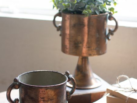 Set Of Two Antique Copper Finish Planters With Handles Hot on Sale