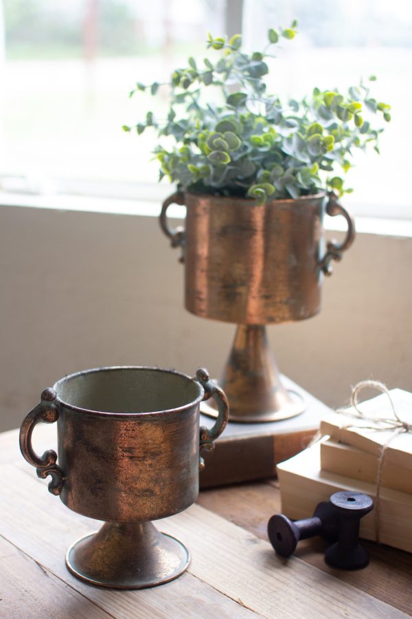 Set Of Two Antique Copper Finish Planters With Handles Hot on Sale