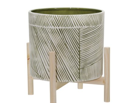 12  Ceramic Planter W  Wood Stand, Green Mix on Sale